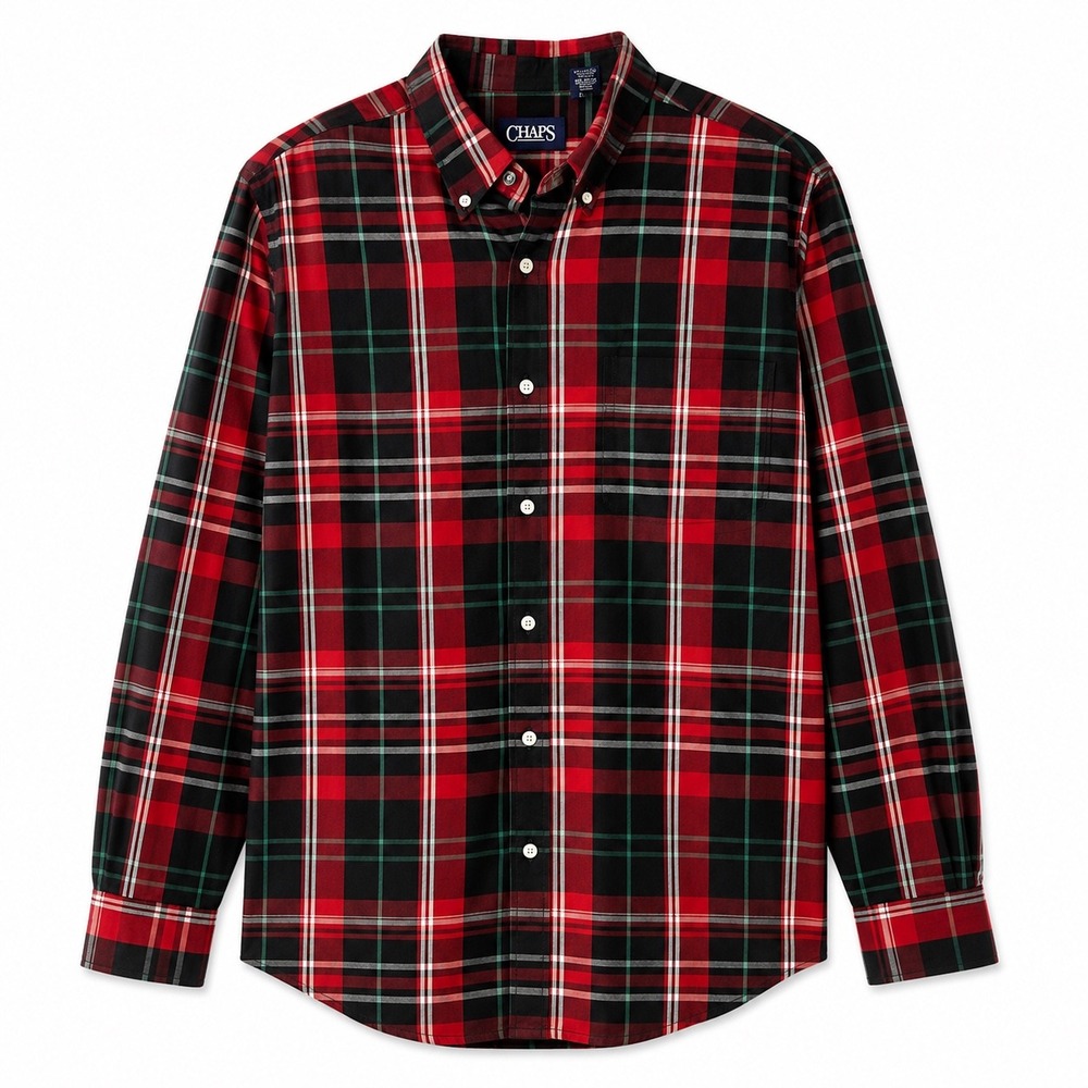 Chaps Mens XL Long Sleeve Button Down Shirt Red Black Plaid Cotton Blend